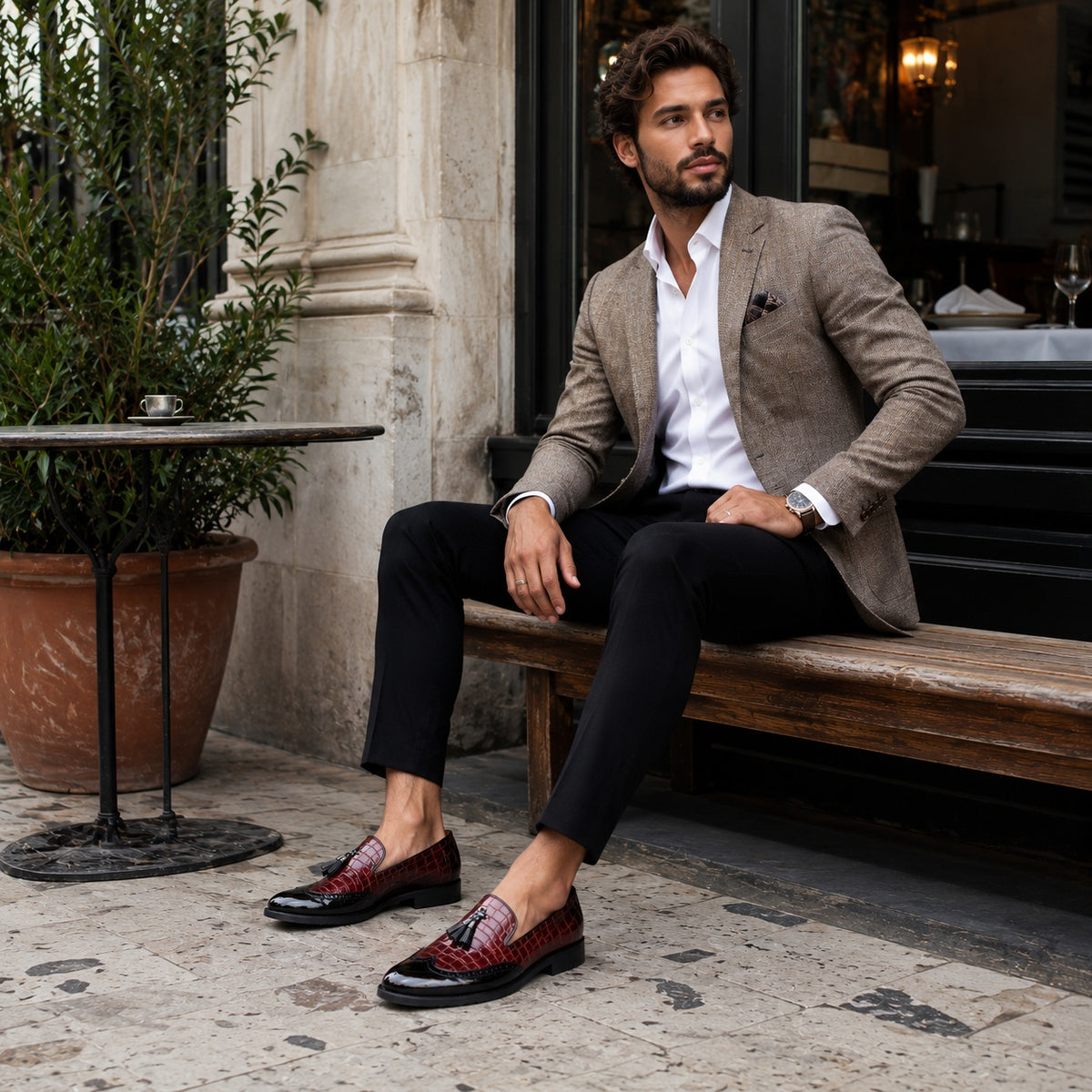 Noble Chaussure Mocassin Homme À Gland Mocassins Formelle Bordeau En Cuir Véritable Pour Homme