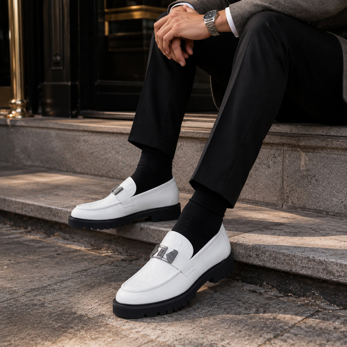 Noble Chaussure Mocassin Homme Blanc Mocassin Compensé En Cuir Blanc Pour Homme