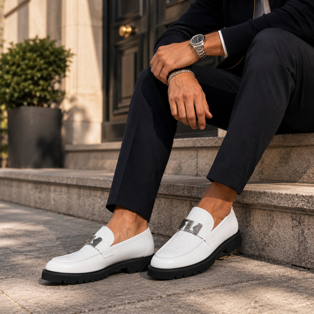 Noble Chaussure Mocassin Homme Blanc Mocassin Compensé En Cuir Blanc Pour Homme