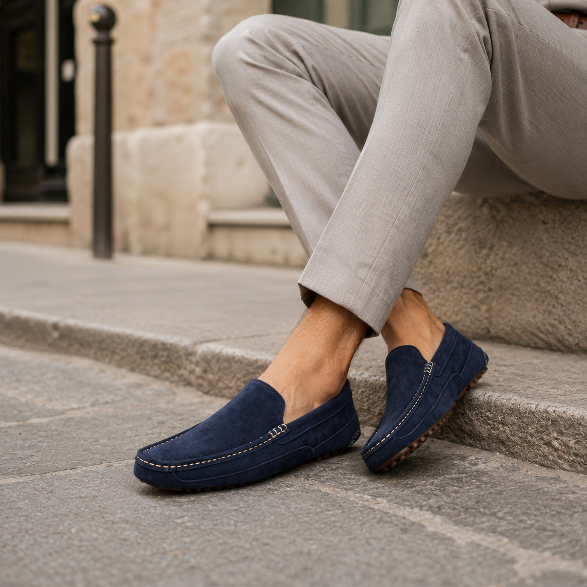 Noble Chaussure Mocassin Homme Bleu Marine Mocassin En Daim Bleu Marine
