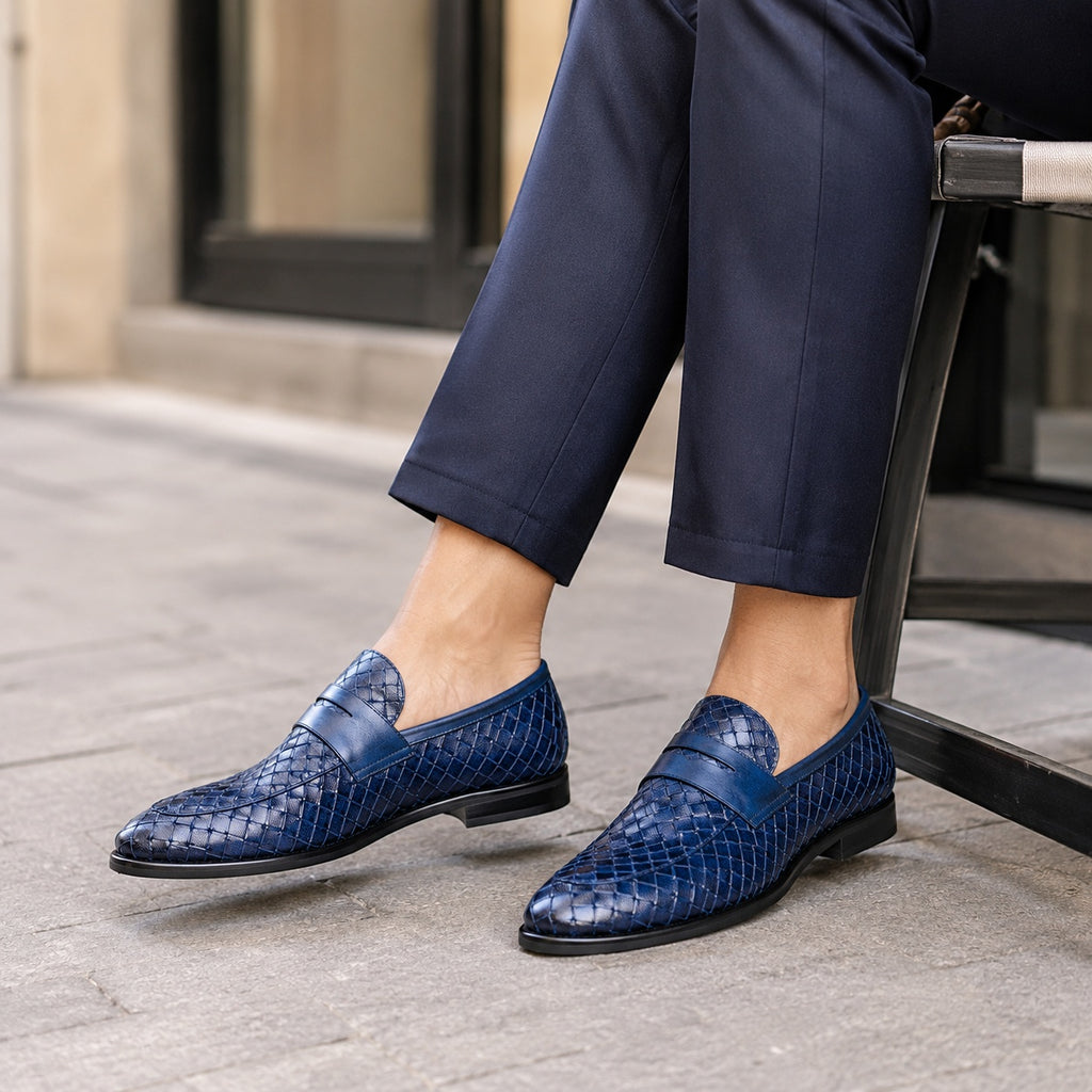 Noble Chaussure Mocassin Homme Bleu Marine Mocassins Homme En Cuir Tressé Bleu