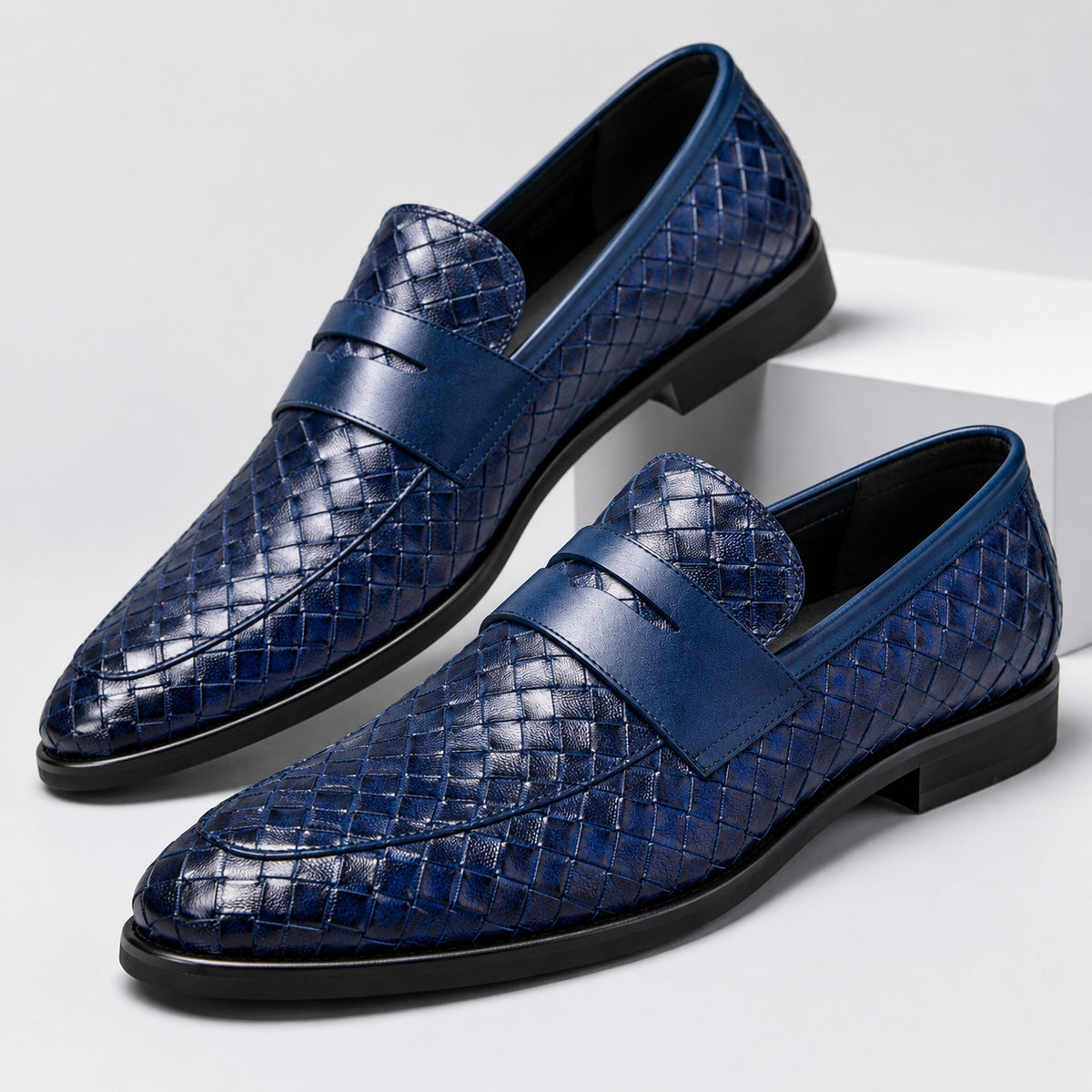 Noble Chaussure Mocassin Homme Bleu Marine Mocassins Homme En Cuir Tressé Bleu
