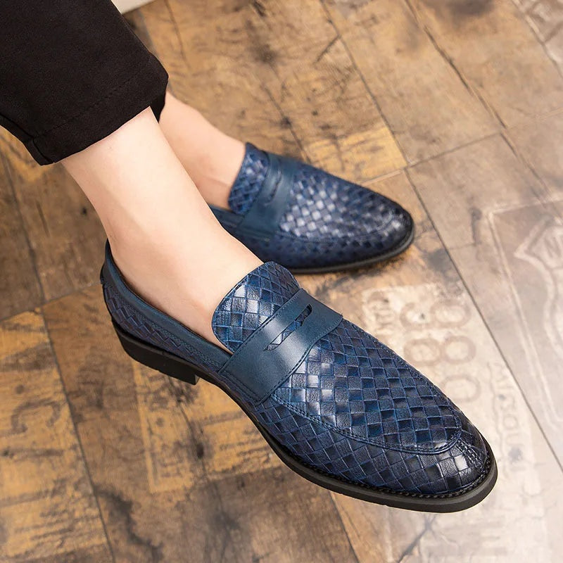 Noble Chaussure Mocassin Homme Bleu Marine Mocassins Homme En Cuir Tressé Bleu
