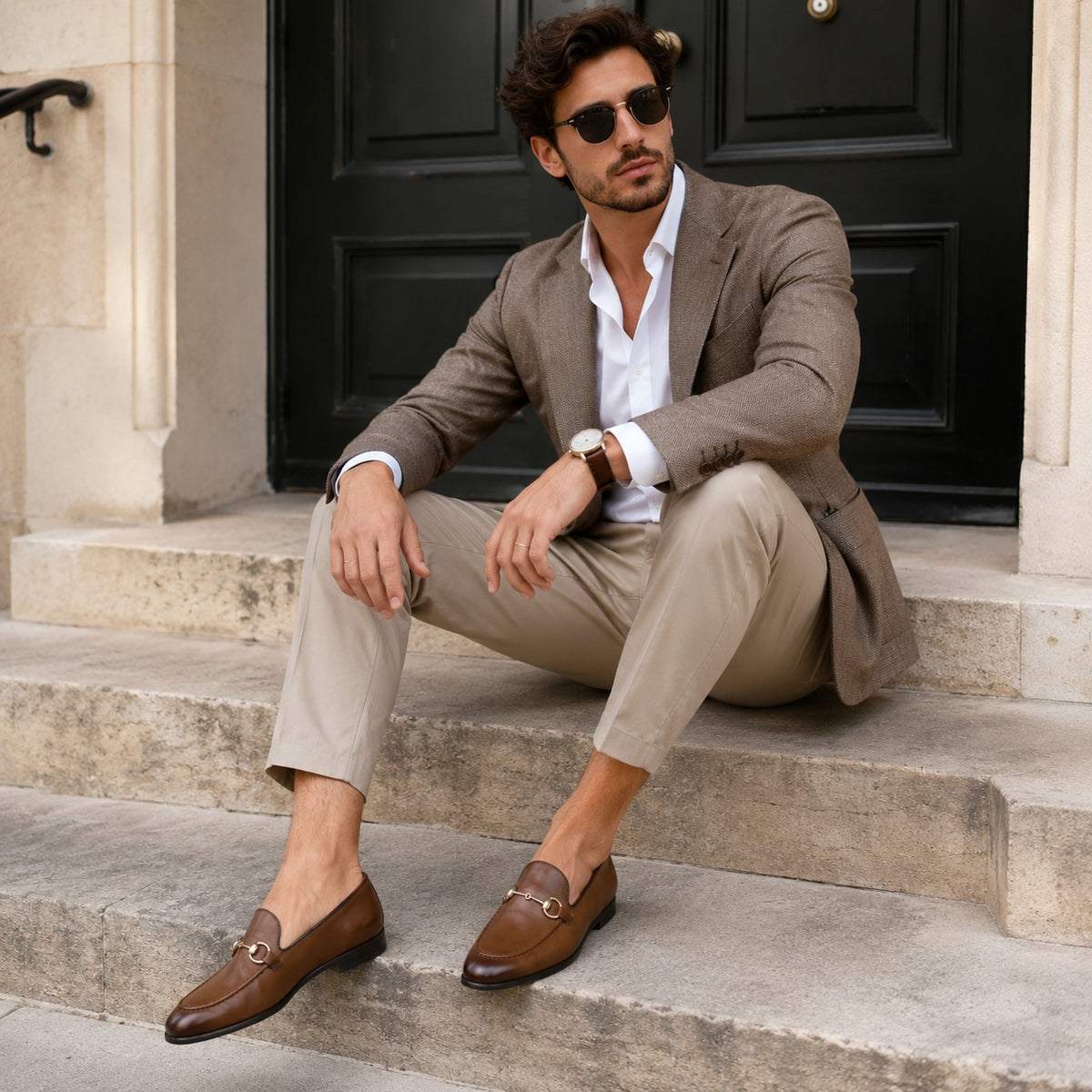 Noble Chaussure Mocassin Homme Cuir Mocassin Cuir Marron Avec Mors Doré Chic Homme