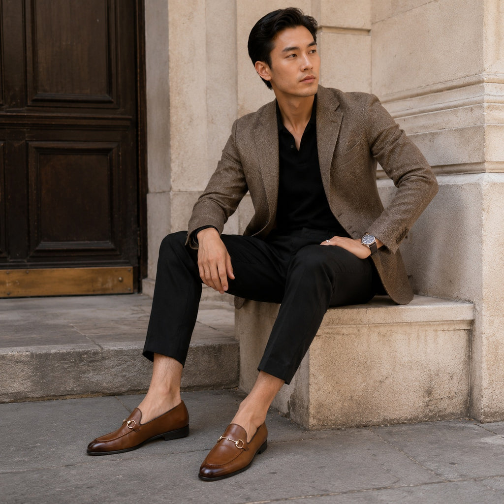 Noble Chaussure Mocassin Homme Cuir Mocassin Cuir Marron Avec Mors Doré Chic Homme