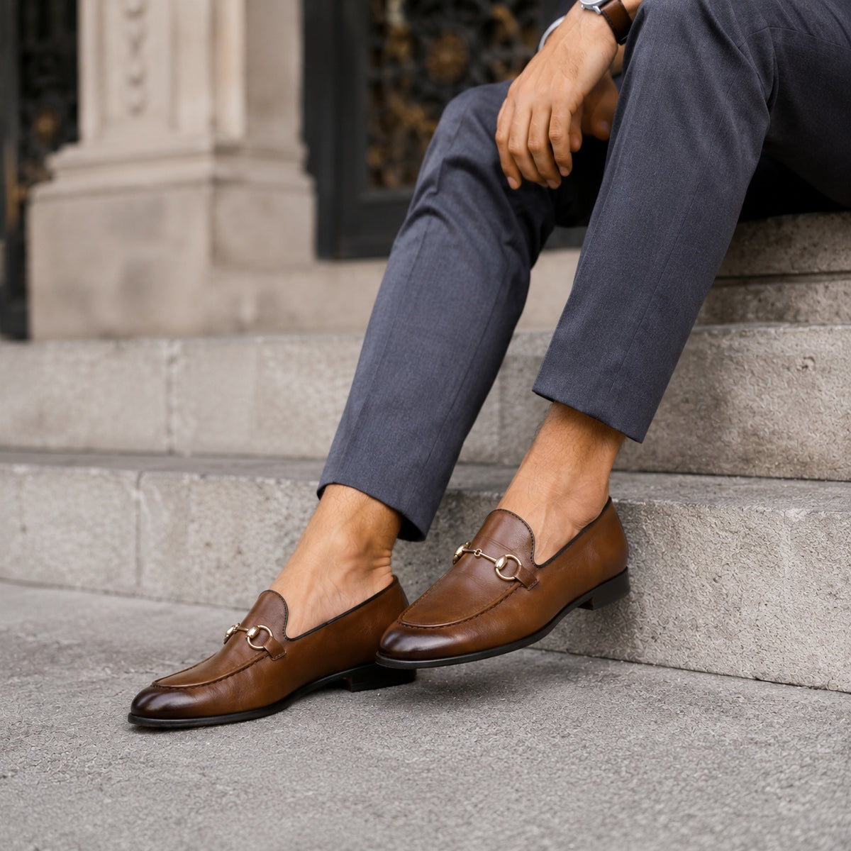 Noble Chaussure Mocassin Homme Cuir Mocassin Cuir Marron Avec Mors Doré Chic Homme