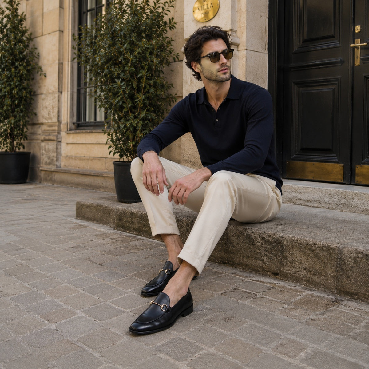 Noble Chaussure Mocassin Homme Cuir Mocassin Cuir Noir Avec Mors Doré Chic Homme