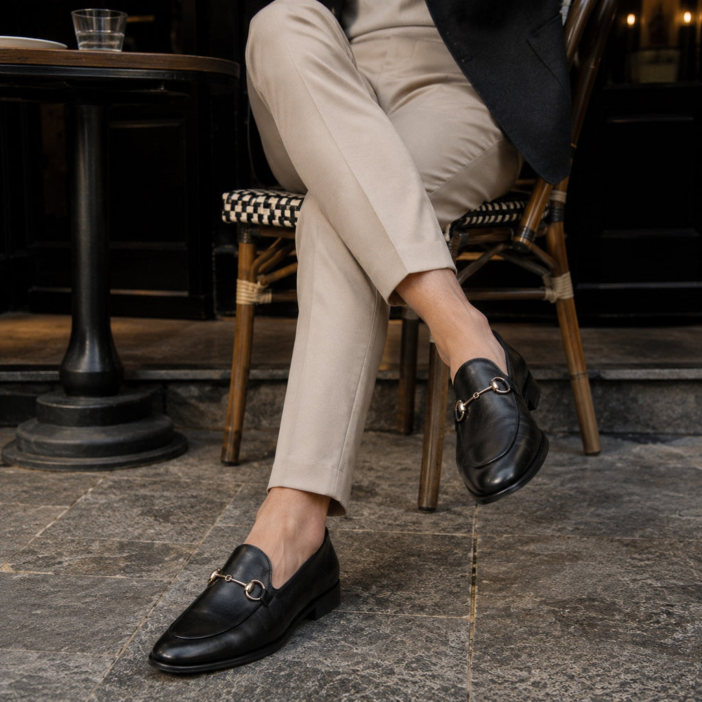 Noble Chaussure Mocassin Homme Cuir Mocassin Cuir Noir Avec Mors Doré Chic Homme