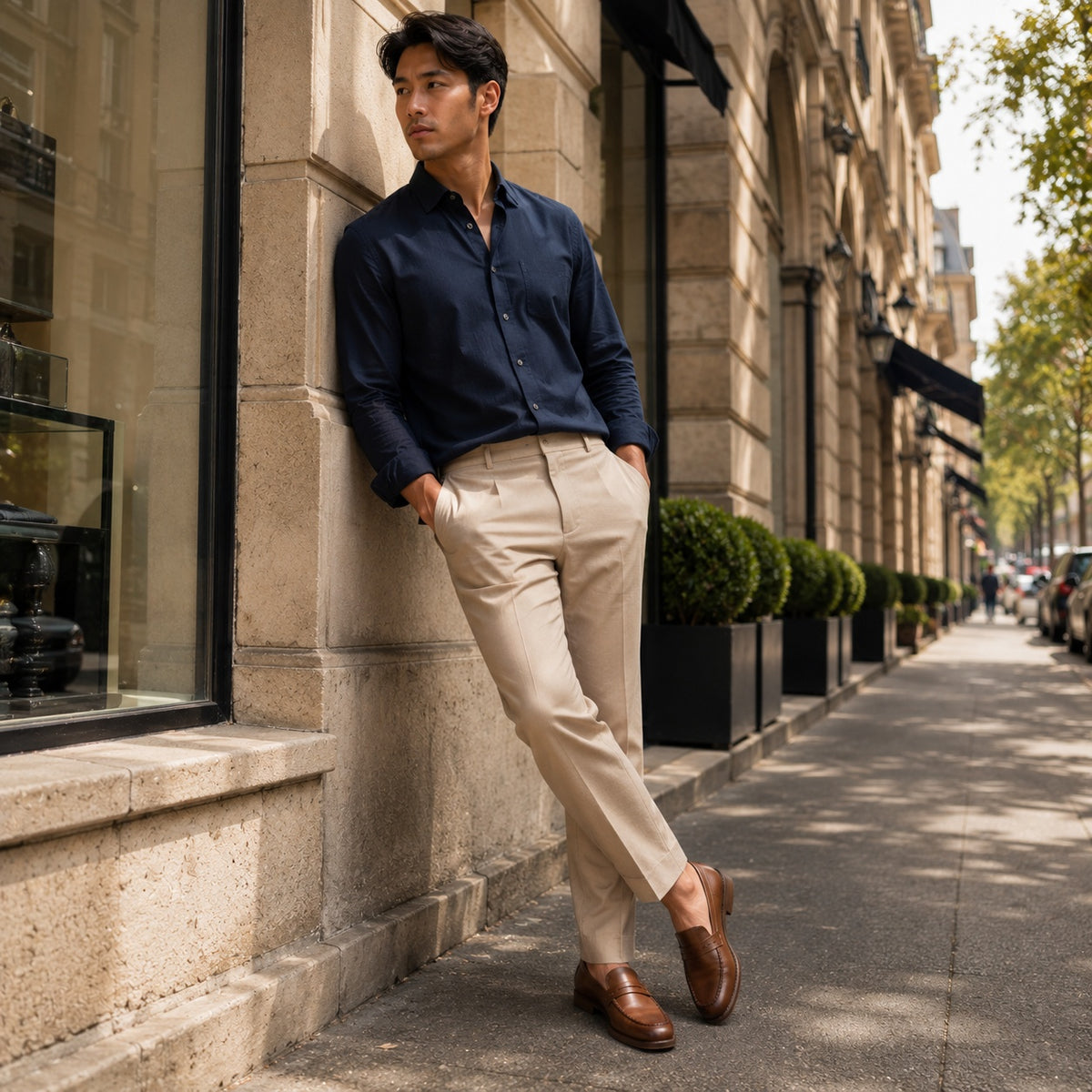 Noble Chaussure Mocassin Homme Cuir Mocassin En Cuir Marron Clair Vernis À Talon