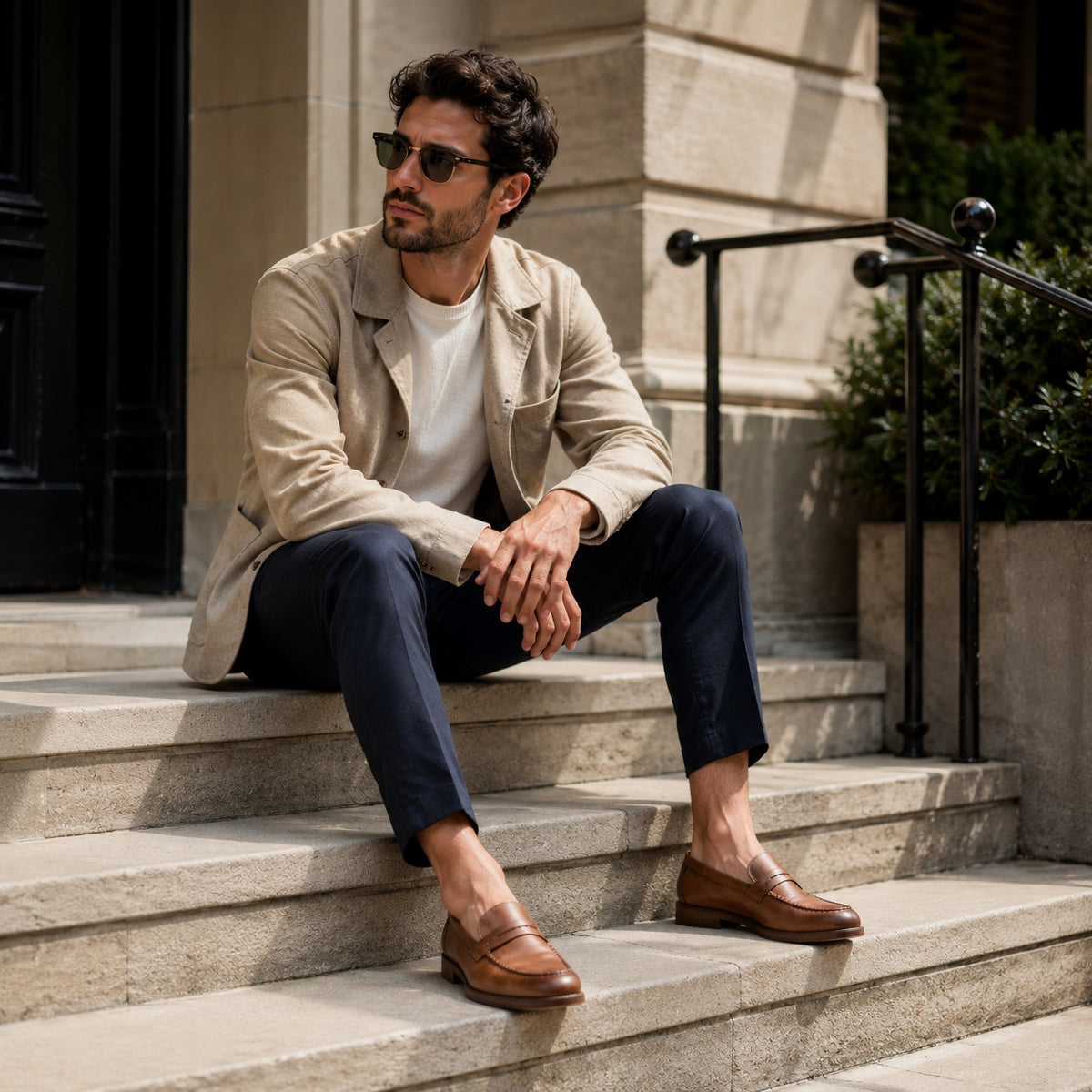 Noble Chaussure Mocassin Homme Cuir Mocassin En Cuir Marron Clair Vernis À Talon