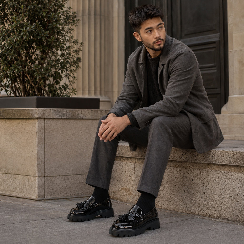Noble Chaussure Mocassin Homme Cuir Mocassin En Cuir Noir Plateforme Vernis