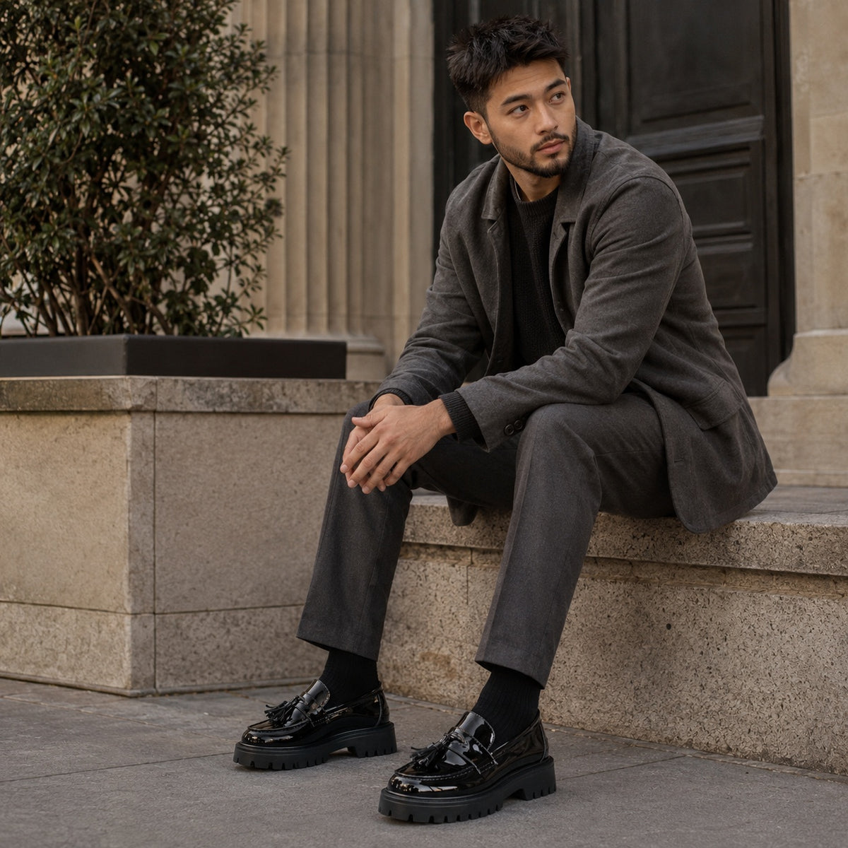 Noble Chaussure Mocassin Homme Cuir Mocassin En Cuir Noir Plateforme Vernis