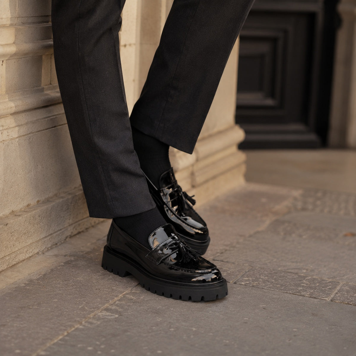 Noble Chaussure Mocassin Homme Cuir Mocassin En Cuir Noir Plateforme Vernis