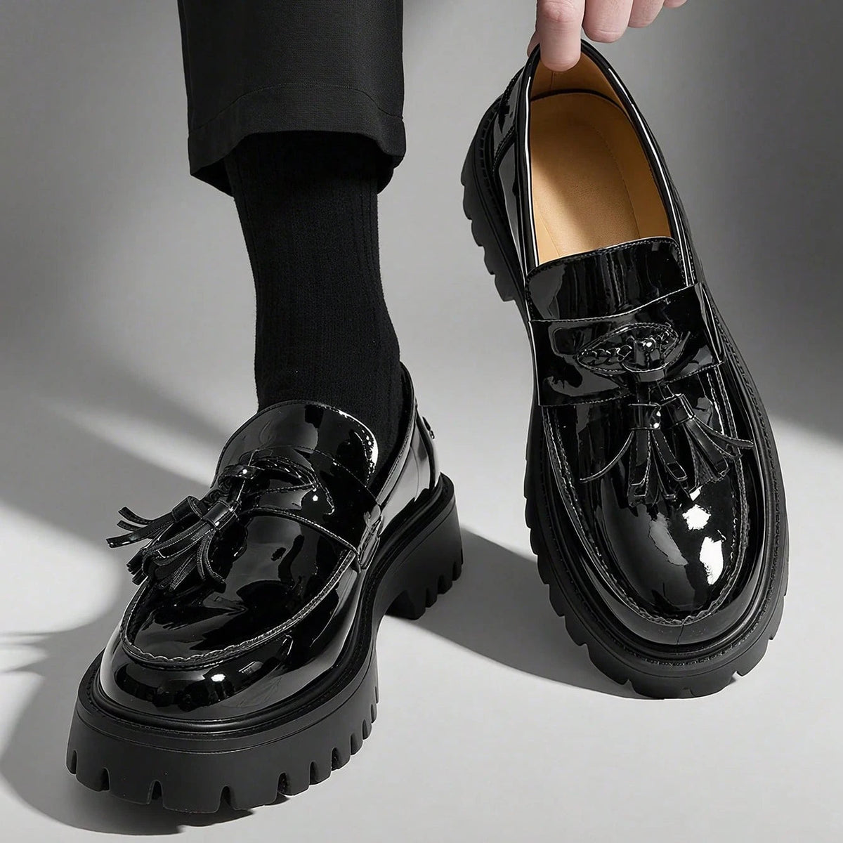 Noble Chaussure Mocassin Homme Cuir Mocassin En Cuir Noir Plateforme Vernis