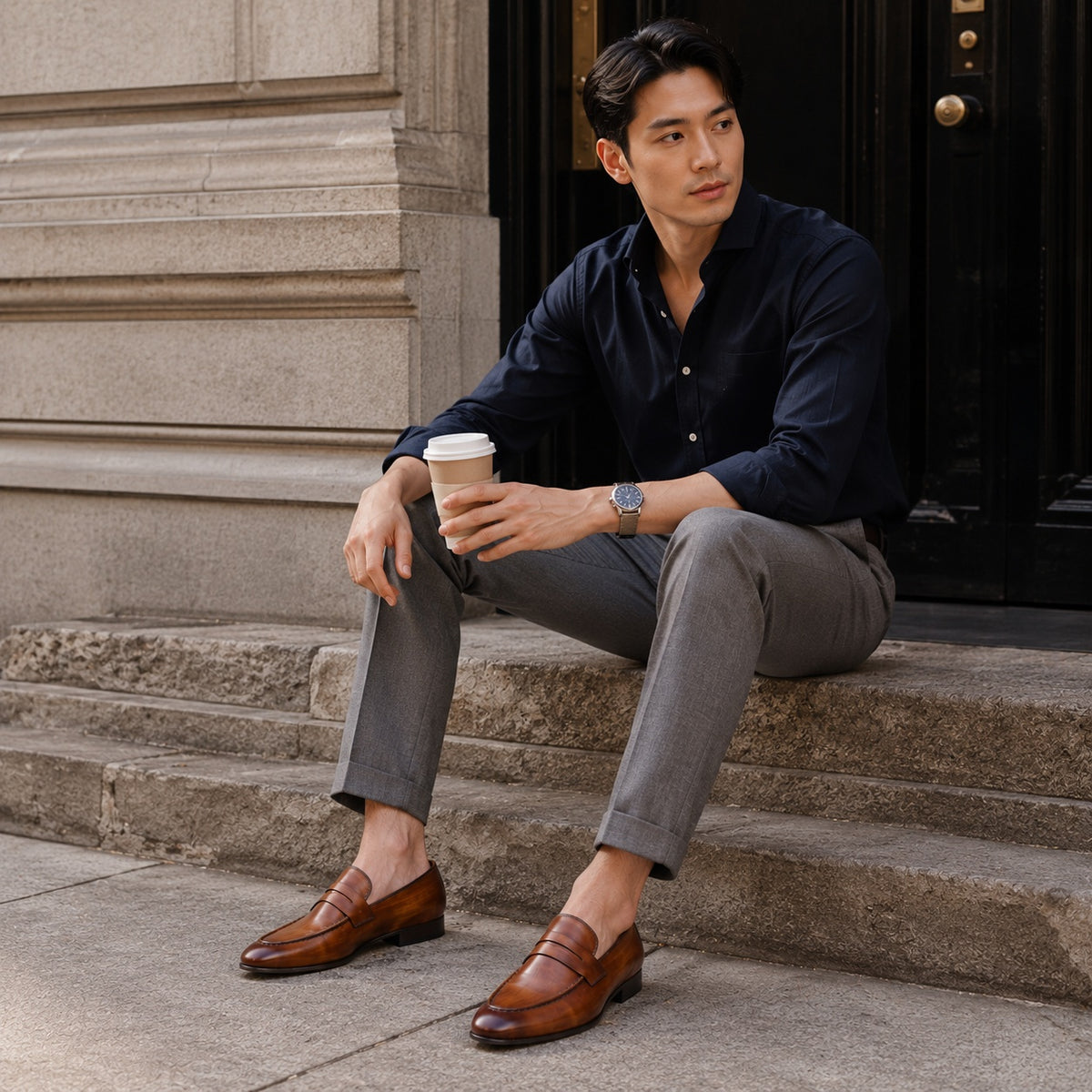 Noble Chaussure Mocassin Homme Cuir Mocassin En Cuir Vernis Marron Talon Homme
