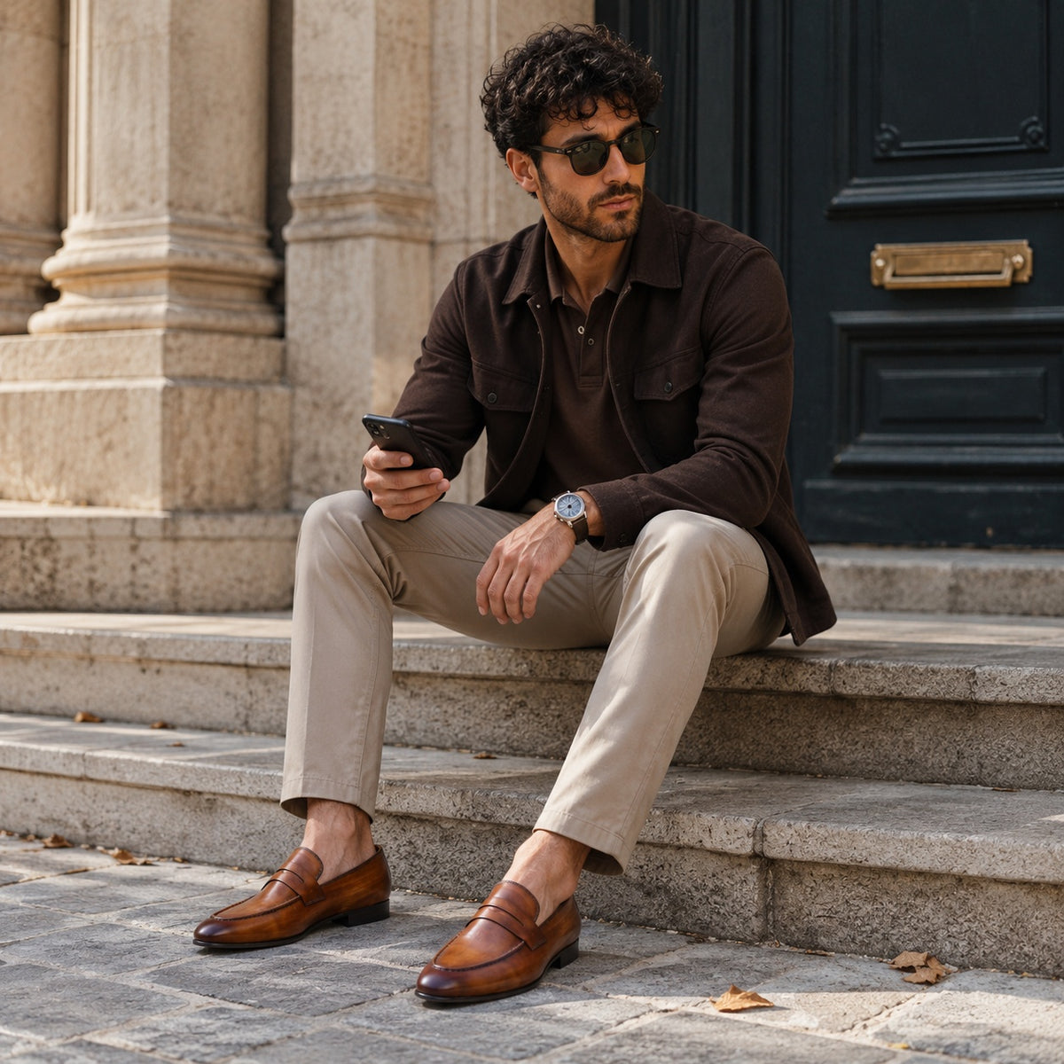 Noble Chaussure Mocassin Homme Cuir Mocassin En Cuir Vernis Marron Talon Homme
