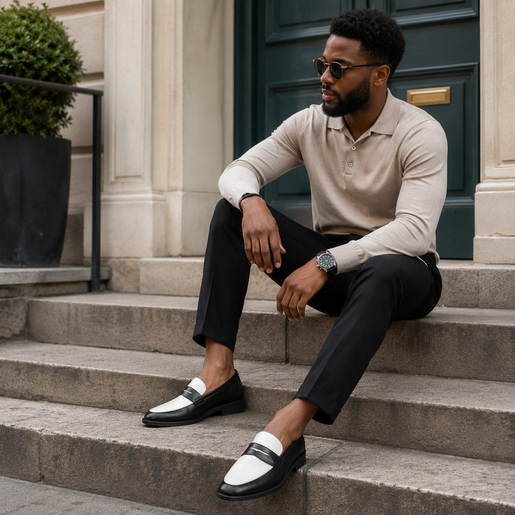 Noble Chaussure Mocassin Homme Cuir Mocassin Homme Cuir Noir Et Blanc Élégant