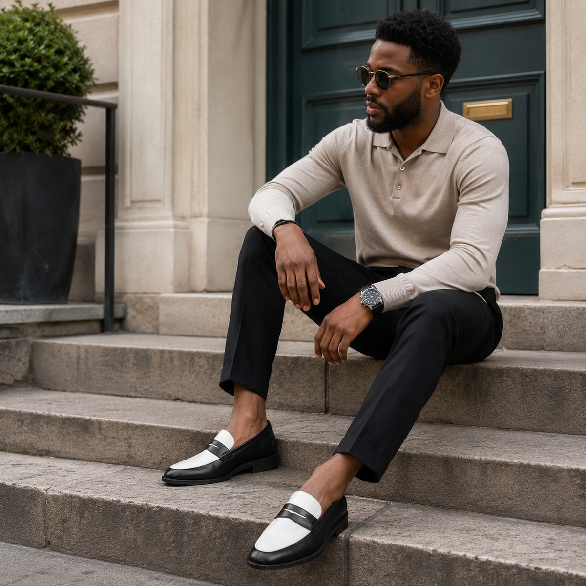 Noble Chaussure Mocassin Homme Cuir Mocassin Homme Cuir Noir Et Blanc Élégant