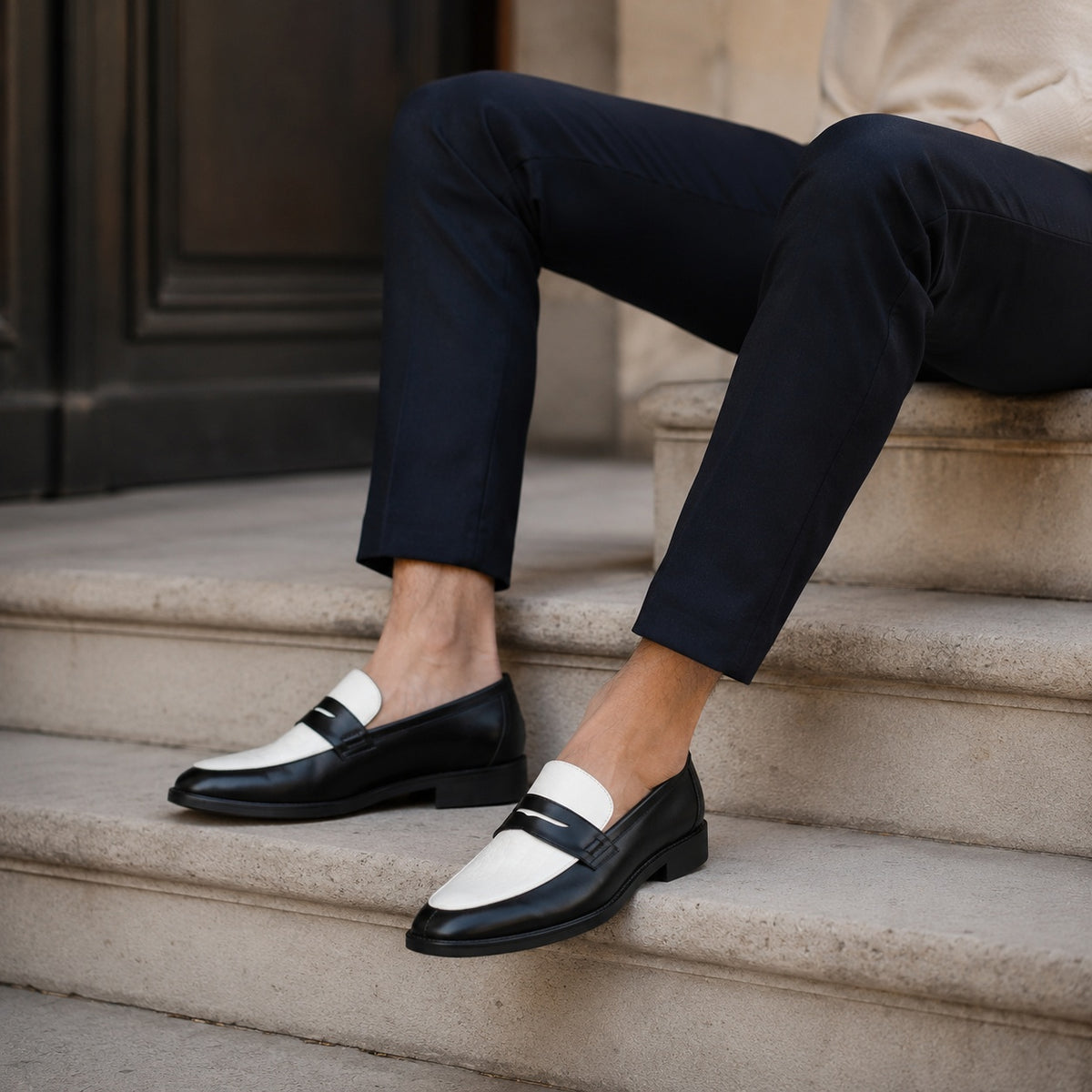 Noble Chaussure Mocassin Homme Cuir Mocassin Homme Cuir Noir Et Blanc Élégant