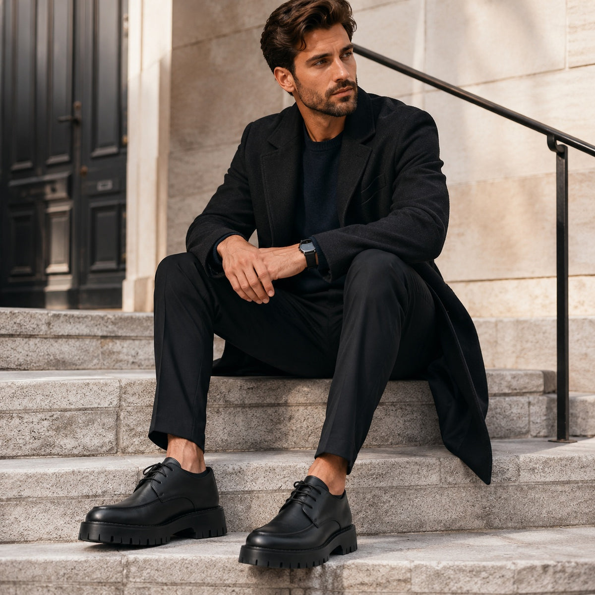 Noble Chaussure Mocassin Homme Cuir Mocassin Plateforme En Cuir Noir Mat Pour Homme
