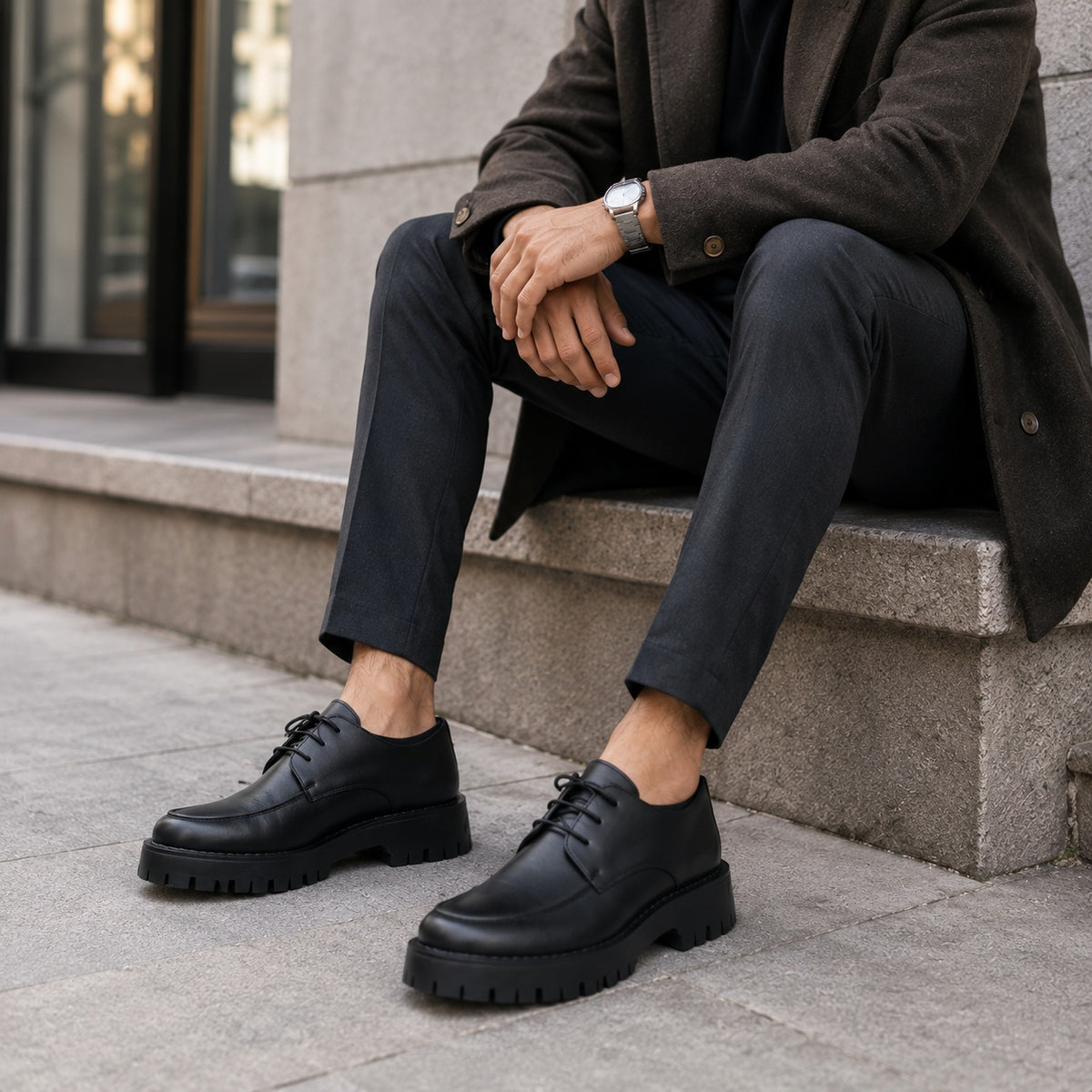 Noble Chaussure Mocassin Homme Cuir Mocassin Plateforme En Cuir Noir Mat Pour Homme
