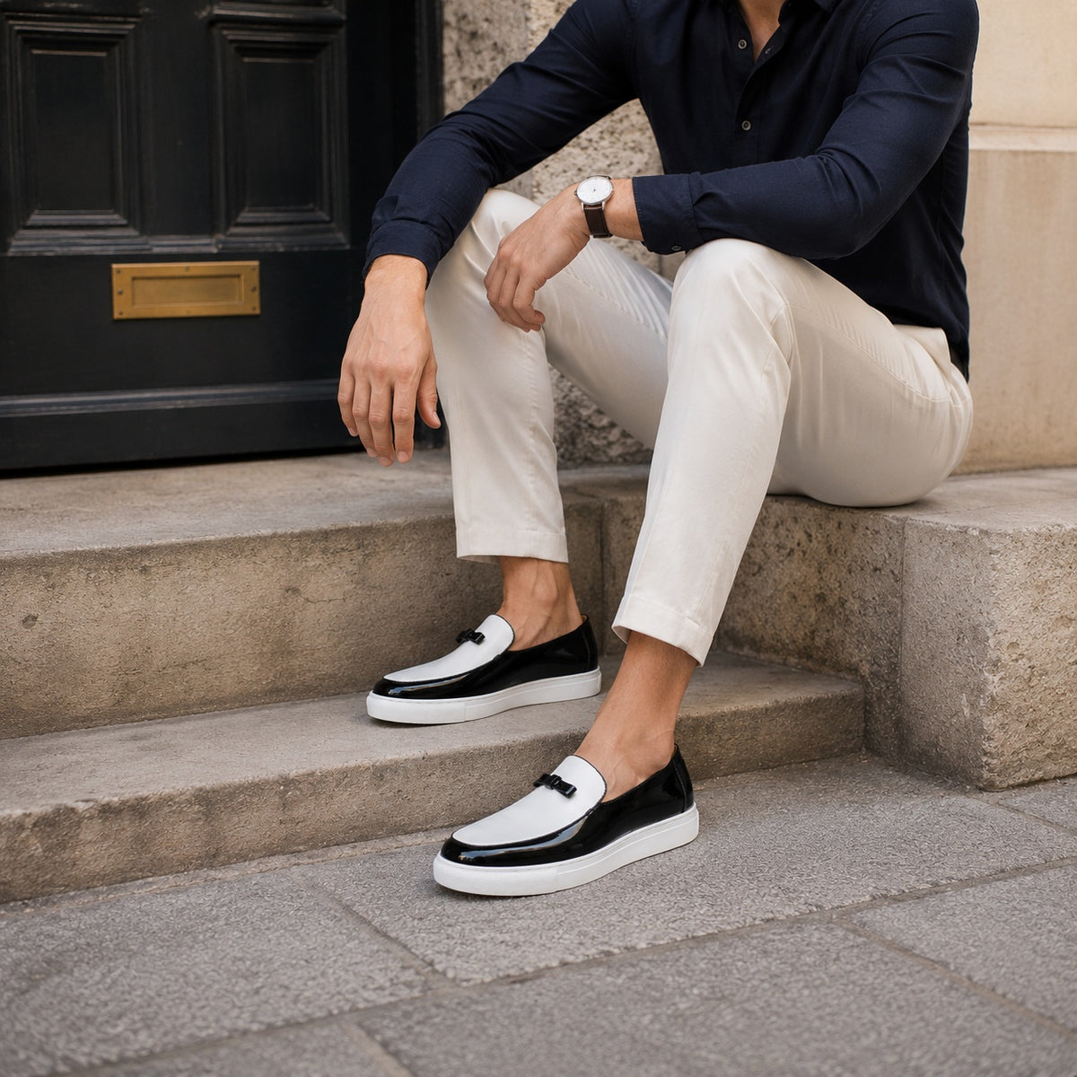 Noble Chaussure Mocassin Homme Cuir Mocassins Homme Moderne en Cuir avec Pompons Blanc