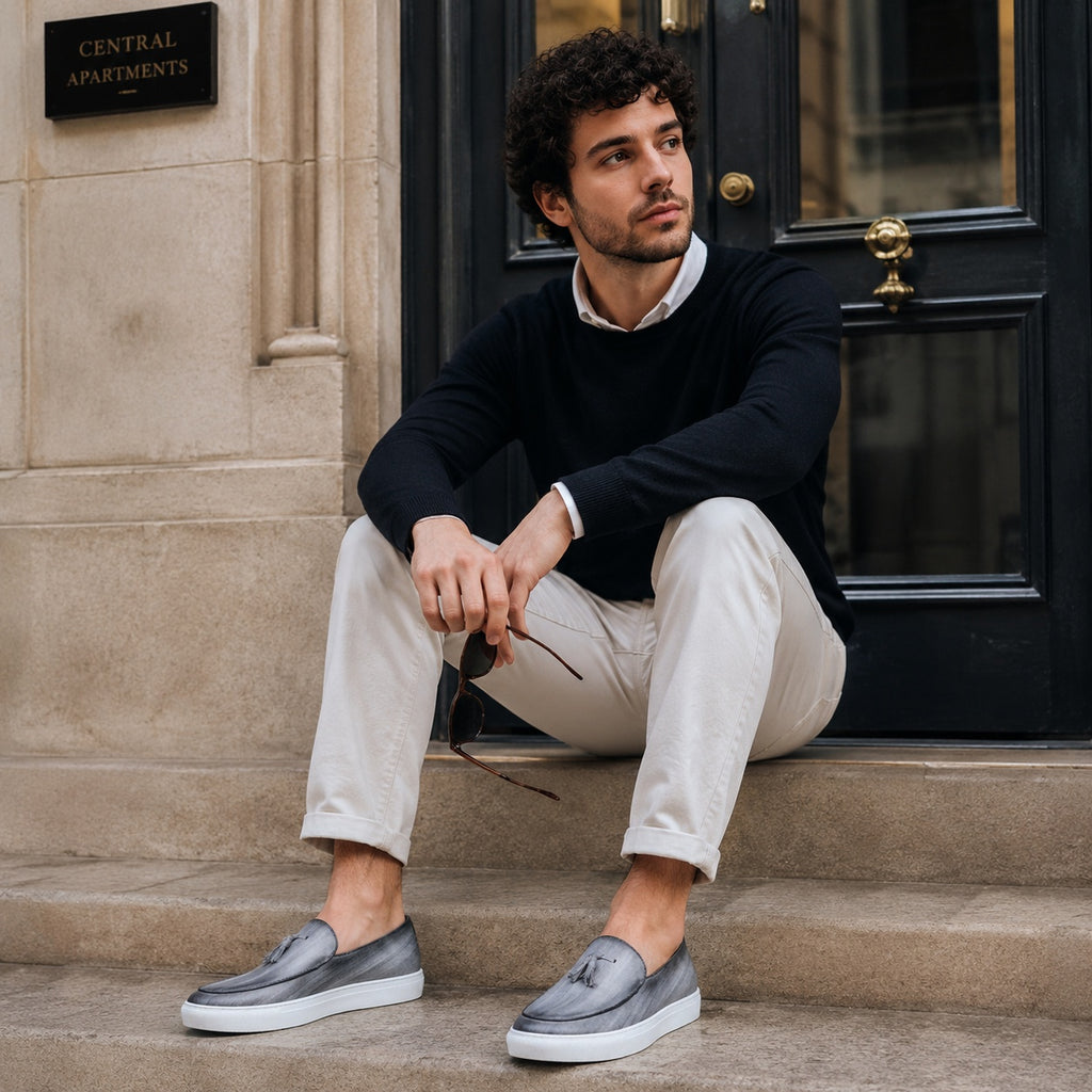Noble Chaussure Mocassin Homme Cuir Mocassins Homme Moderne en Cuir avec Pompons Gris