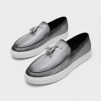 Noble Chaussure Mocassin Homme Cuir Mocassins Homme Moderne en Cuir avec Pompons Gris