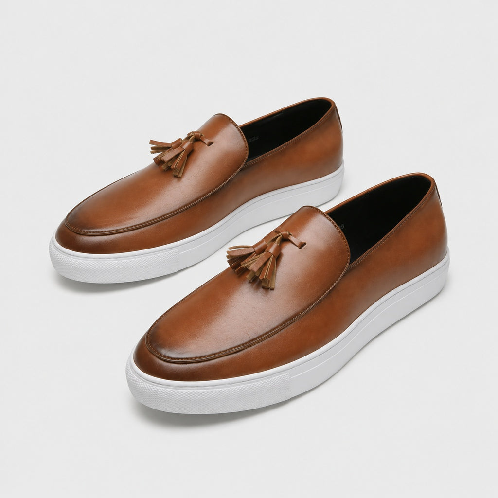 Noble Chaussure Mocassin Homme Cuir Mocassins Homme Moderne en Cuir avec Pompons Marron
