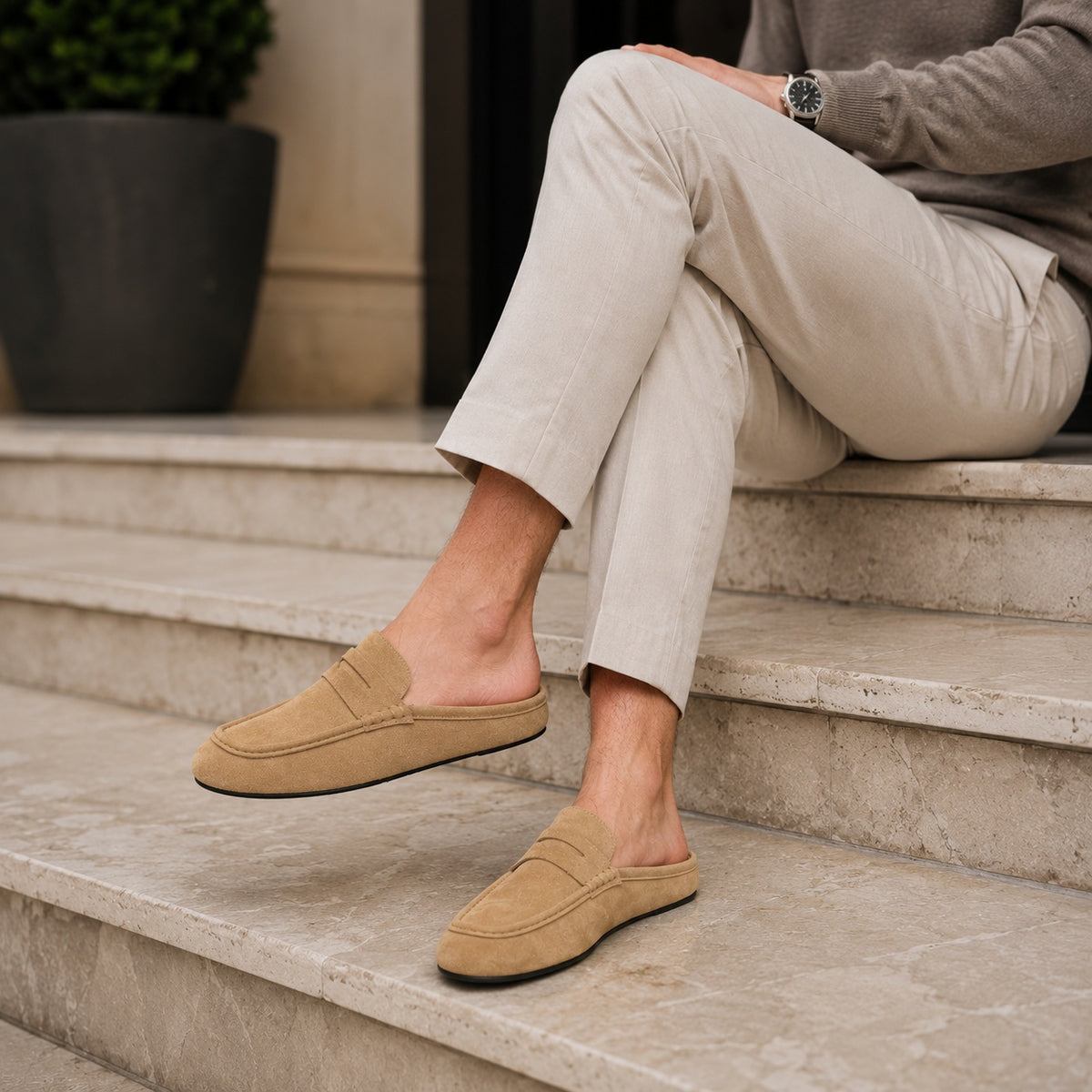 Noble Chaussure Mocassin Homme Daim Chausson Mocassin Mule Ouvert En Daim Beige
