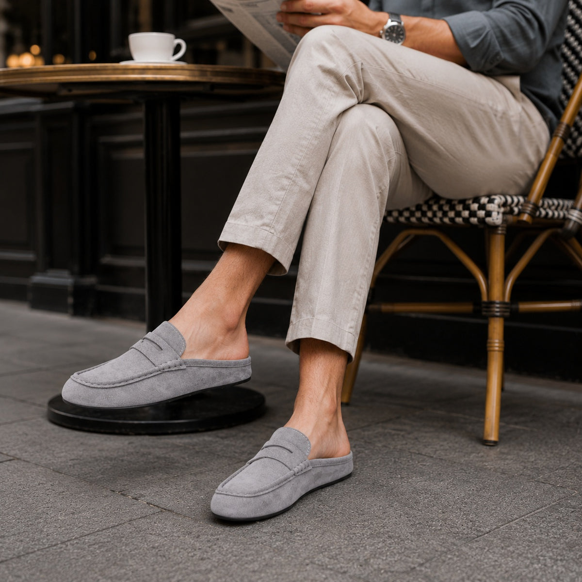 Noble Chaussure Mocassin Homme Daim Chausson Mocassin Mule Ouvert En Daim Gris