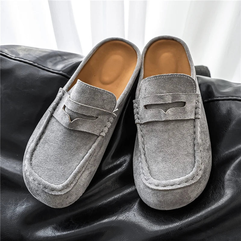 Noble Chaussure Mocassin Homme Daim Chausson Mocassin Mule Ouvert En Daim Gris