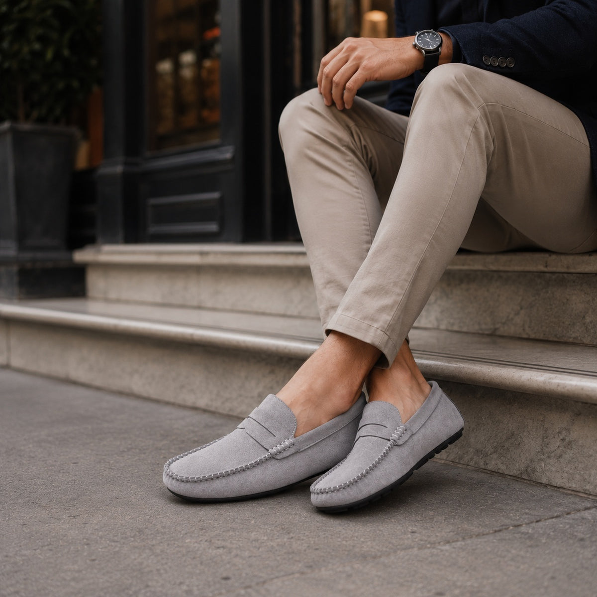 Noble Chaussure Mocassin Homme Daim Mocassin Homme Gris En Daim Décontracté