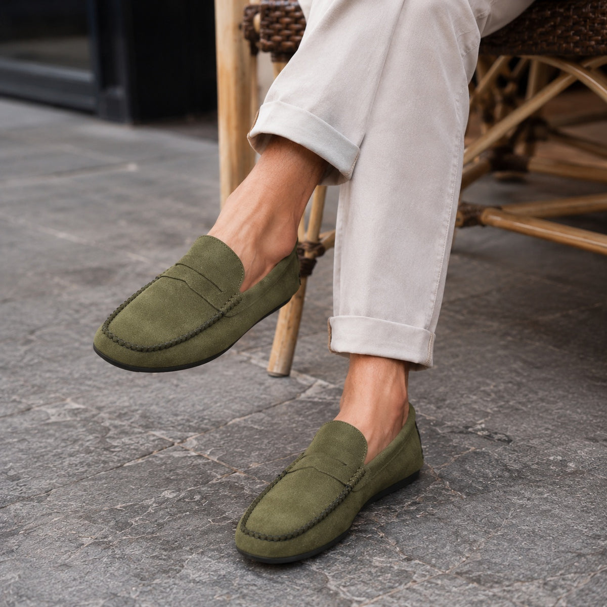 Noble Chaussure Mocassin Homme Daim Mocassin Homme Vert En Daim Décontracté