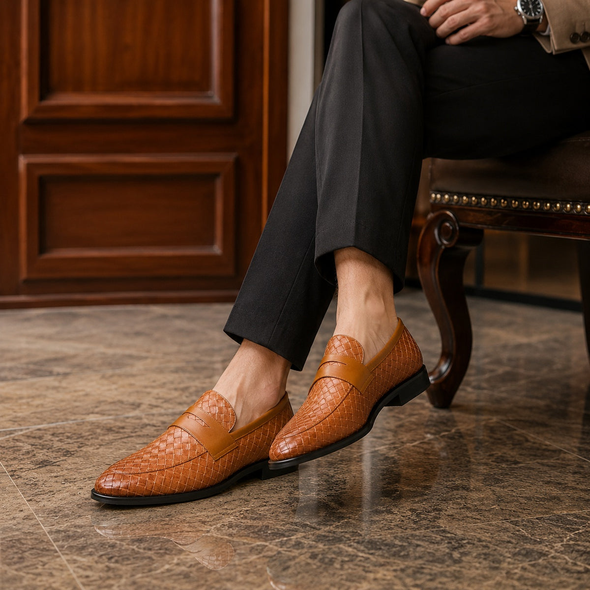 Noble Chaussure Mocassin Homme Marron Mocassins Homme En Cuir Tressé Marron
