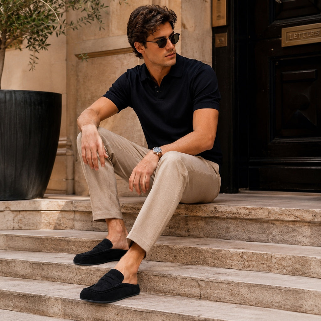 Noble Chaussure Mocassin Homme Noir Chausson Mocassin Mule Ouvert En Daim Noir