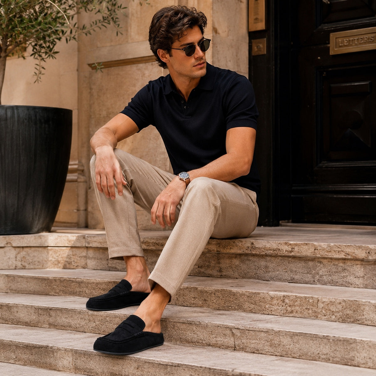 Noble Chaussure Mocassin Homme Noir Chausson Mocassin Mule Ouvert En Daim Noir