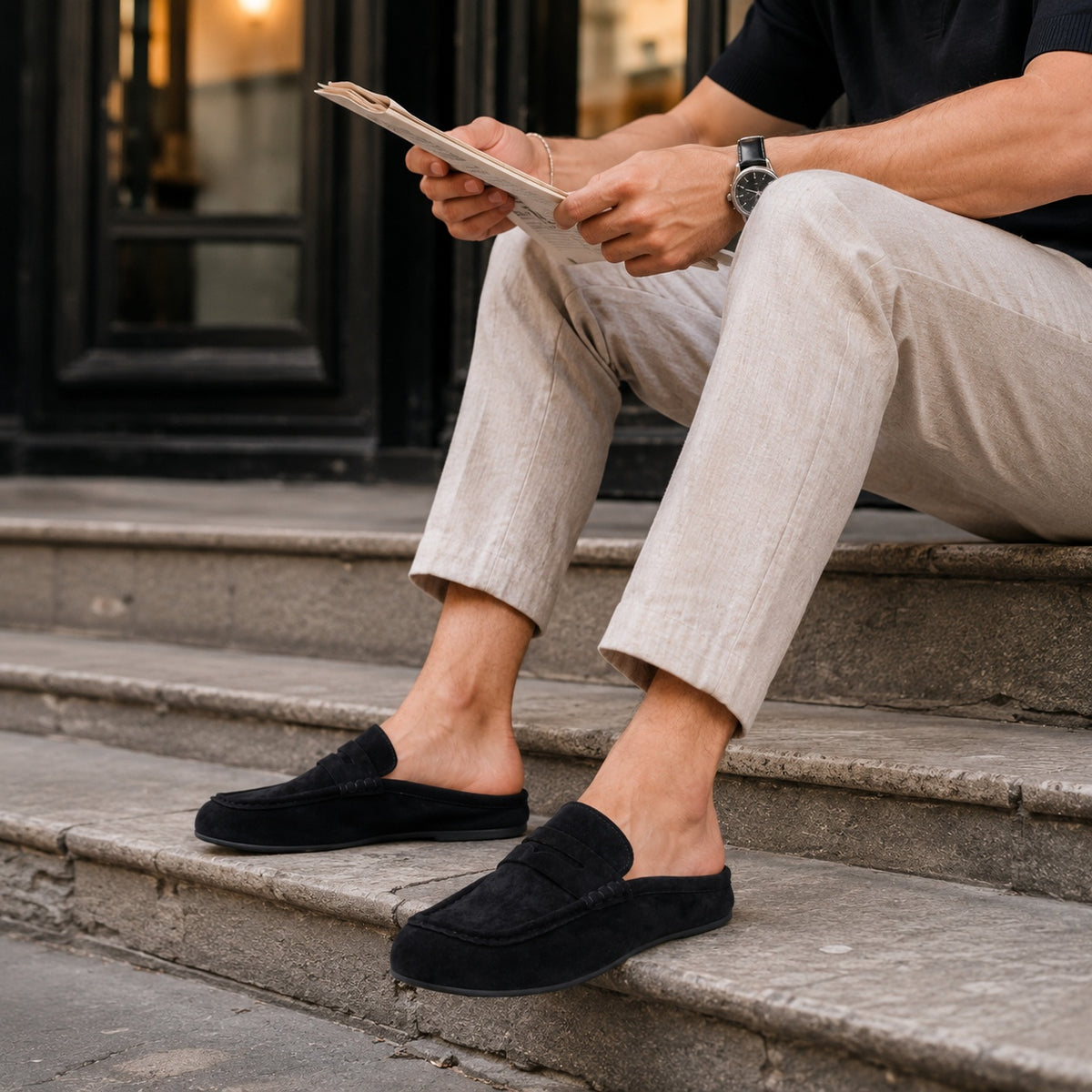 Noble Chaussure Mocassin Homme Noir Chausson Mocassin Mule Ouvert En Daim Noir