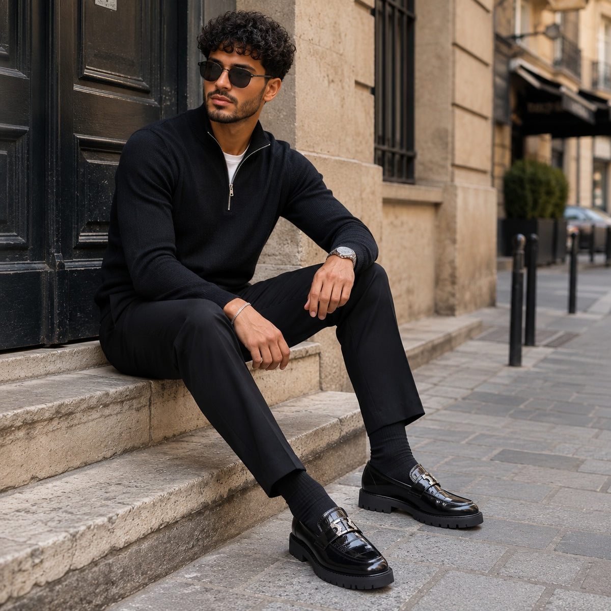 Noble Chaussure Mocassin Homme Noir Mocassin Compensé En Cuir Noir Pour Homme