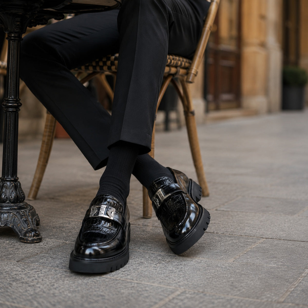 Noble Chaussure Mocassin Homme Noir Mocassin Compensé En Cuir Noir Pour Homme