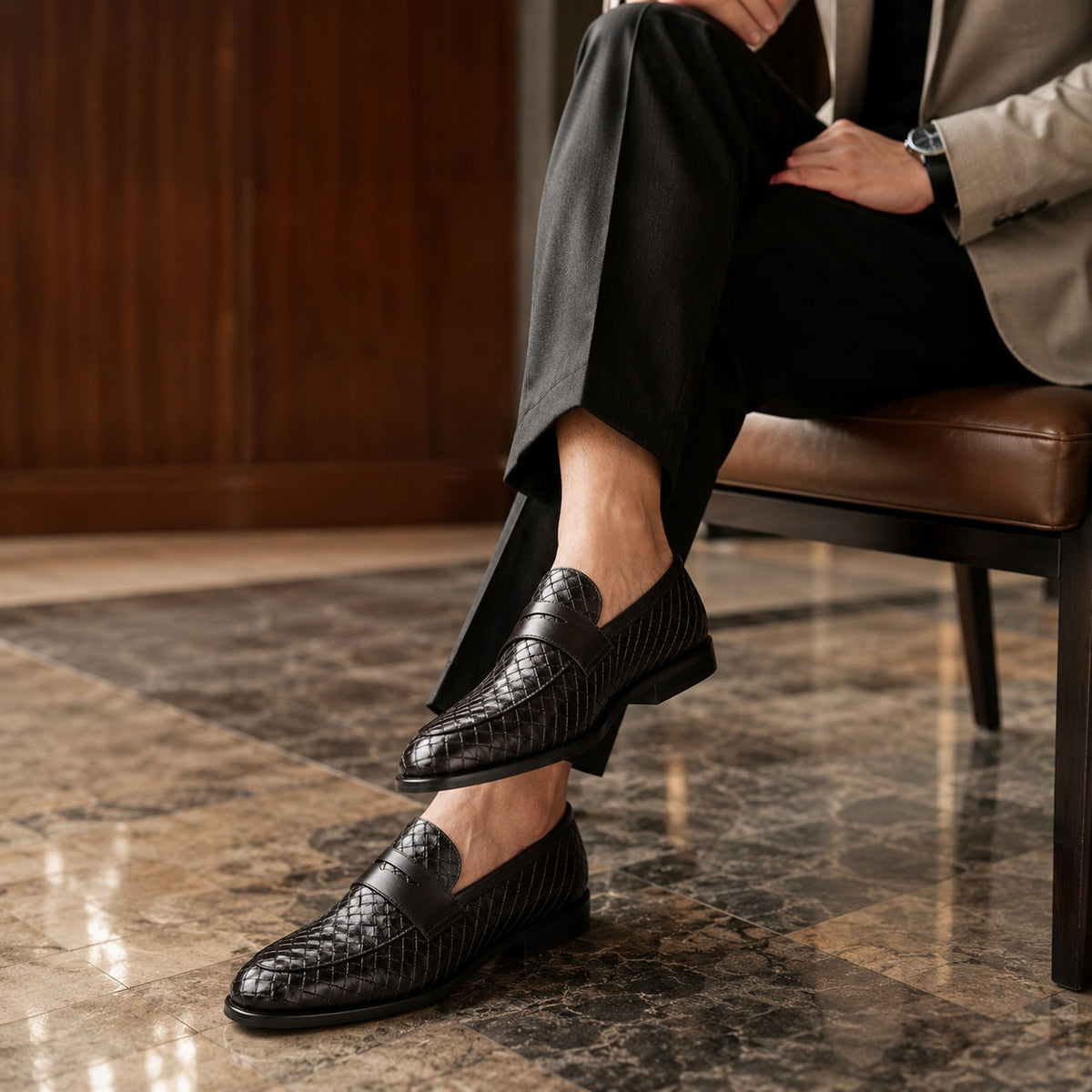 Noble Chaussure Mocassin Homme Noir Mocassins Homme En Cuir Tressé Noir