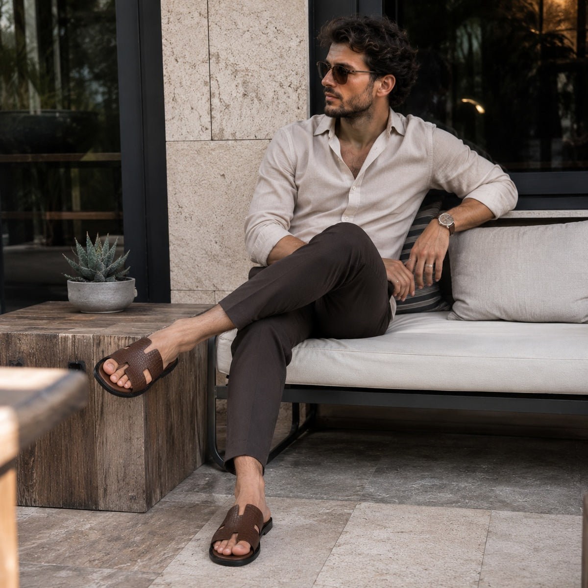 Noble Chaussure Sandale Homme Cuir Sandale De Ville Homme Marron