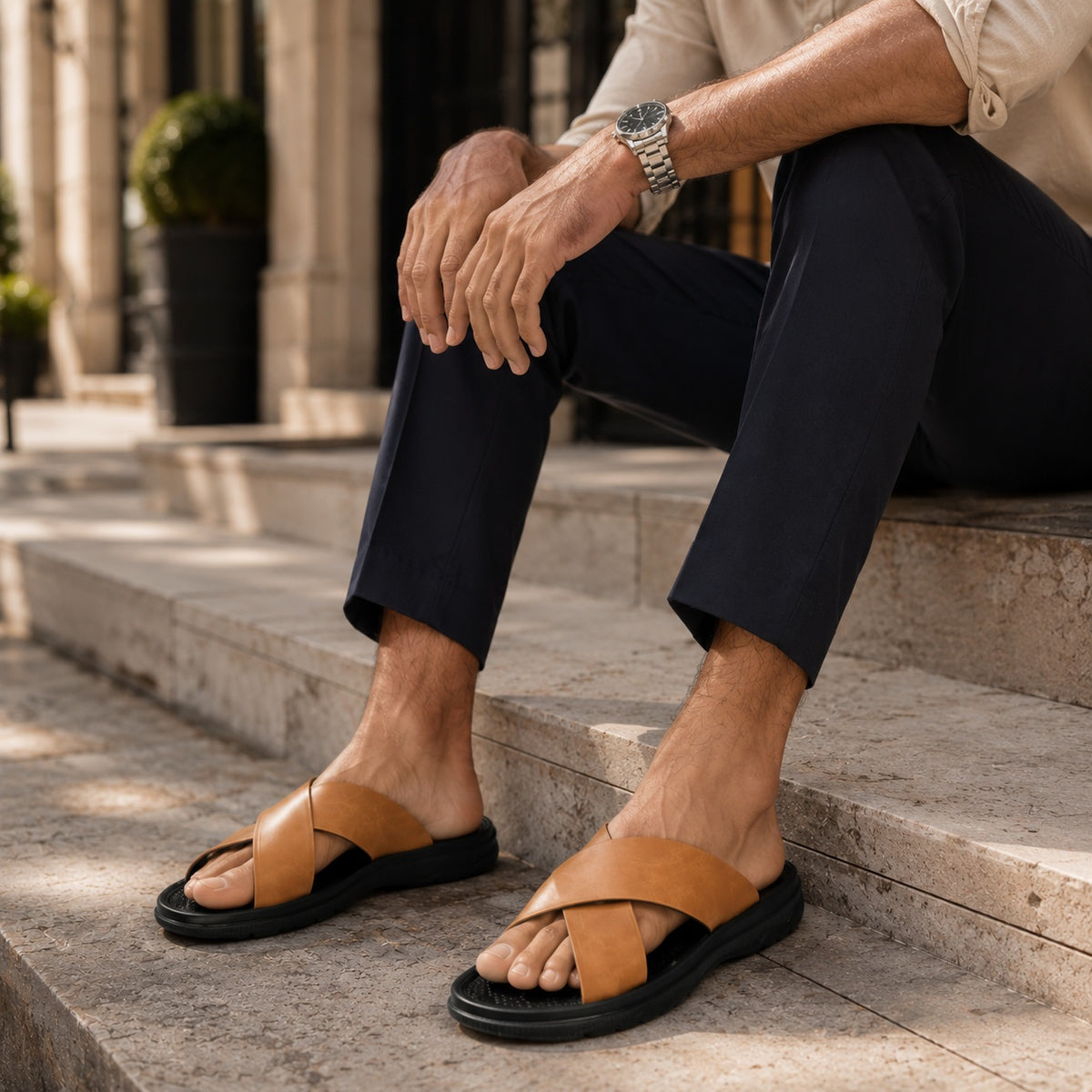 Noble Chaussure Sandale Homme Cuir Sandale Homme Cuir Confort Été Marron Cognac