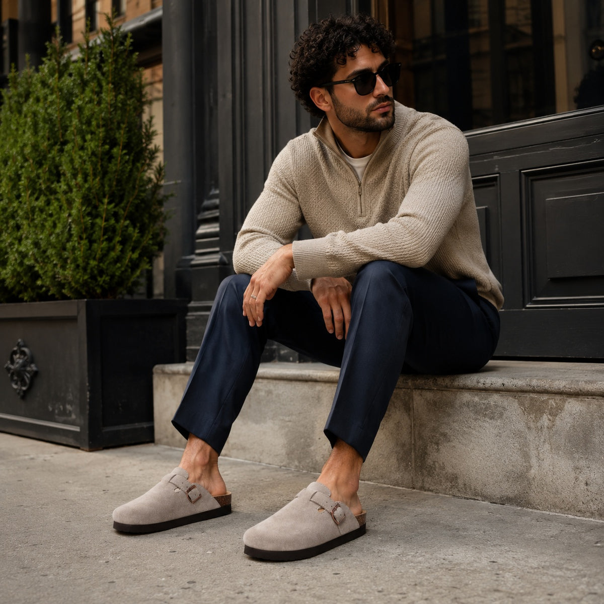 Noble Chaussure Sandale Homme Été Sabots Daim À Bride Homme Gris