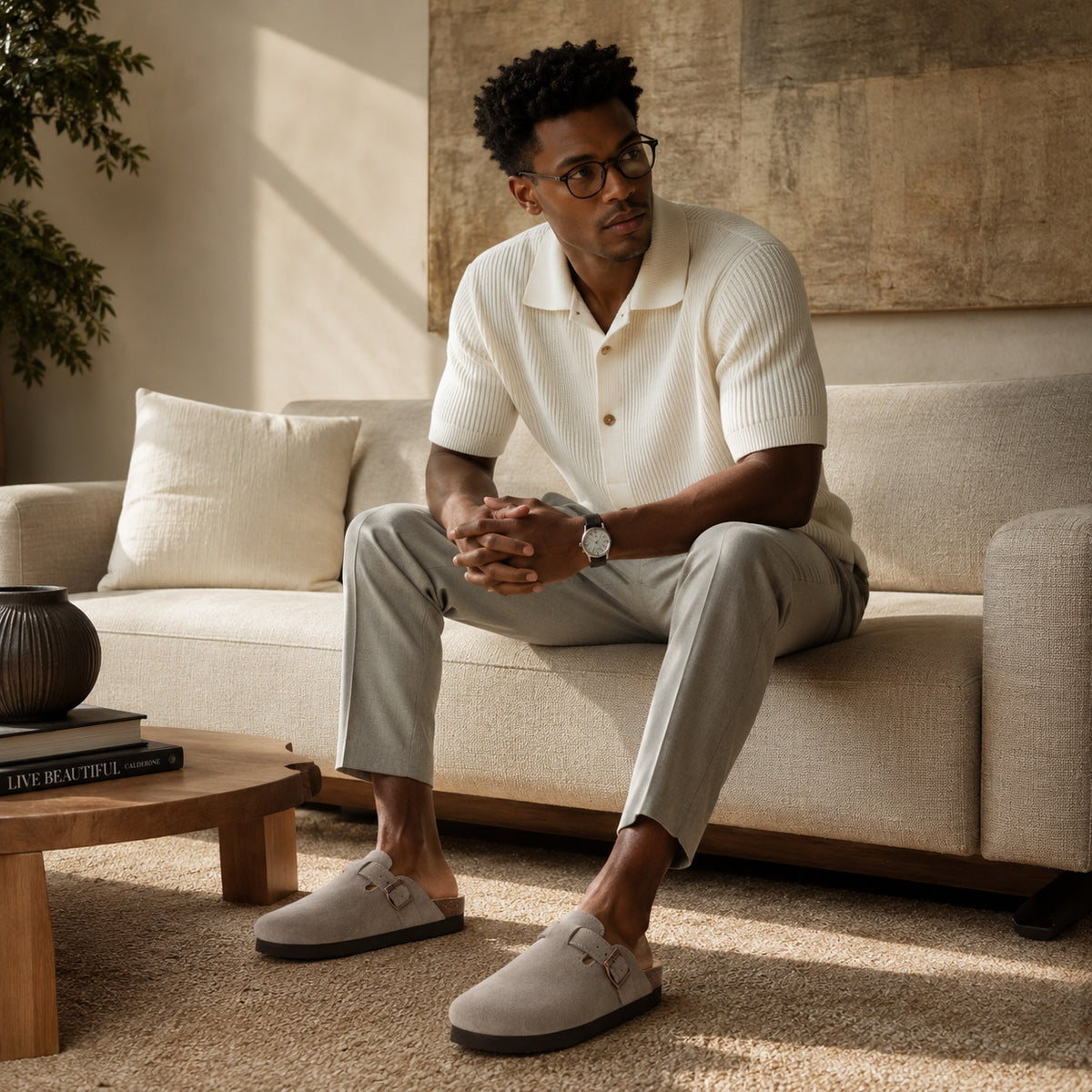 Noble Chaussure Sandale Homme Été Sabots Daim À Bride Homme Gris