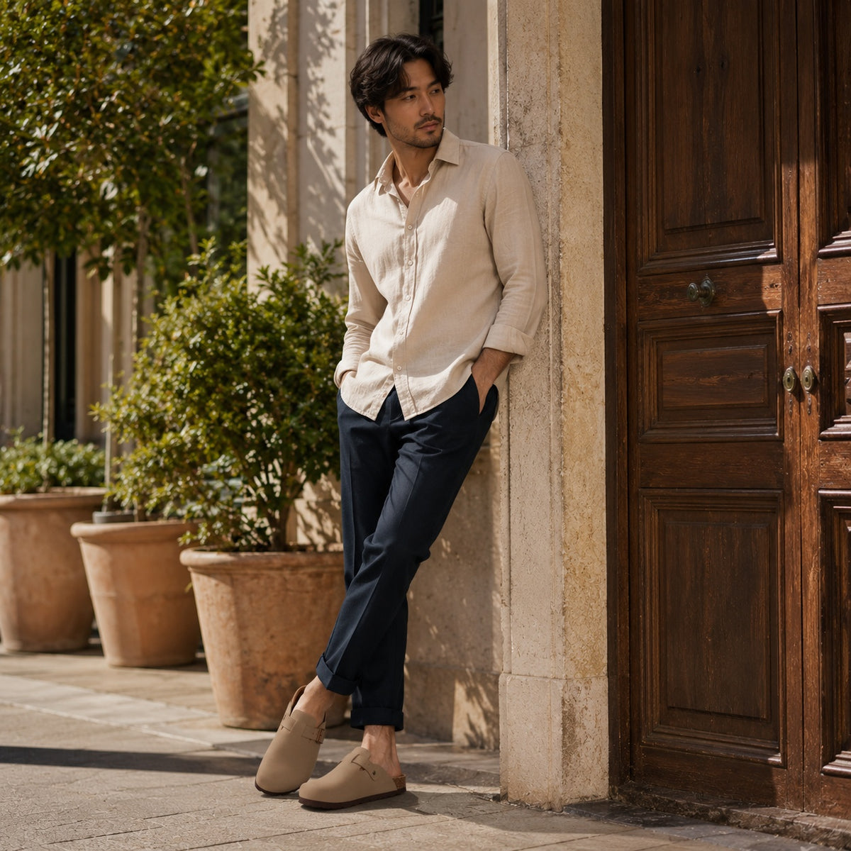 Noble Chaussure Sandale Homme Été Sandale Homme Confort Été Beige Sable à Boucle Ajustable