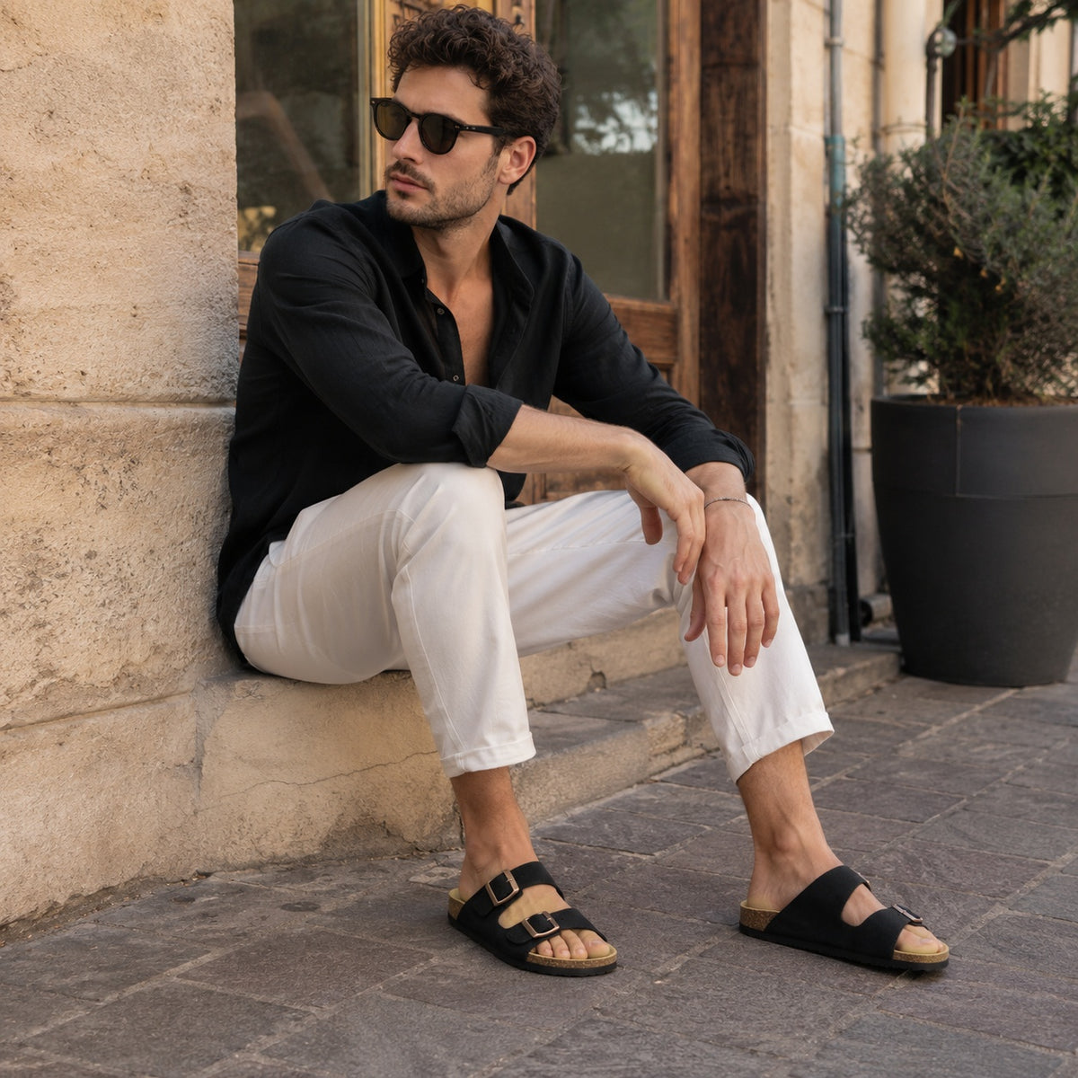 Noble Chaussure Sandale Homme Été Sandale Homme Confort Été Noire à Doubles Brides