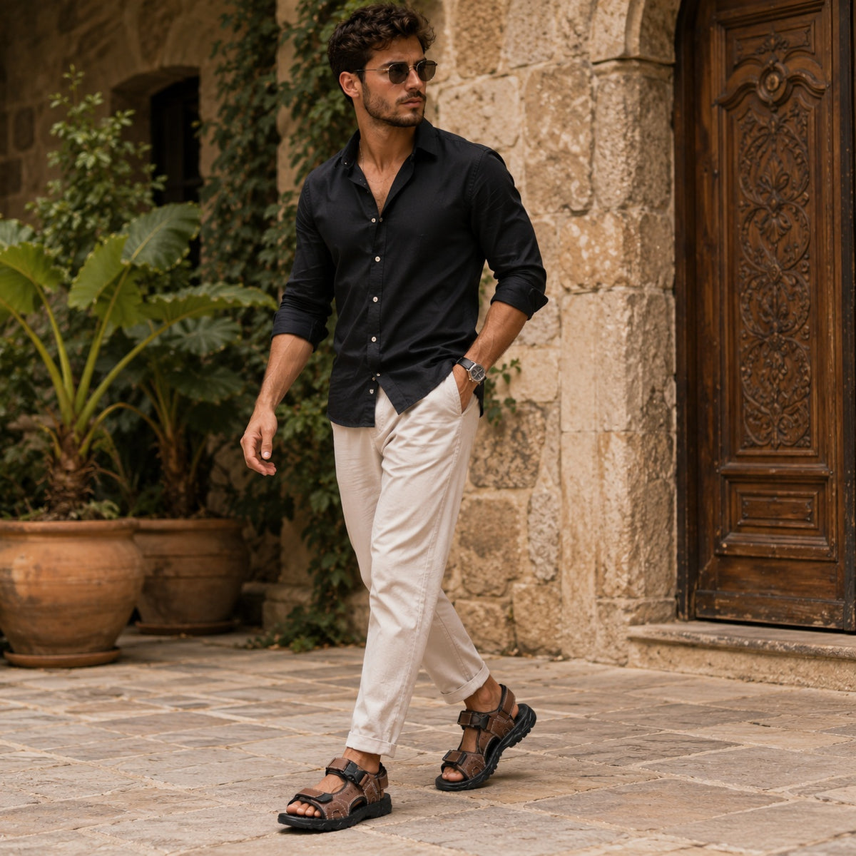 Noble Chaussure Sandale Homme Marche Sandale Confortable Marche Marron
